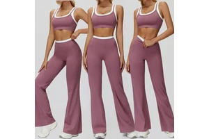 Ribbed Contrast Color Gym Fitness Set Padded 2 in 1 Sport Bra & High Waist Flare Pants Pilates Yoga Wear Suit for Women