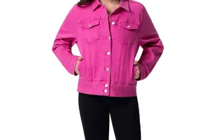Pink Denim Jacket Plus Size Women's Full Sleeve Solid Color Button Front Casual Outwear Spring Season Regular Fit Jackets