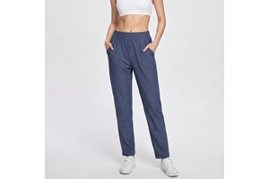 Women Spring Straight Leg Faux Denim Pants Mid Waist Stretch Knit Trousers Office Casual Yoga Jeggings With Side Pockets