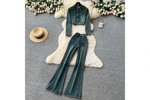 American Retro Denim Cool Suit Women's Autumn New Slim Fit Short Jacket Wide Leg Pants Two-piece Set