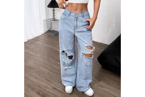 Custom Embroidery Washed High Quality Distressed Wide Leg Ripped Straight High Waist Women's Jeans