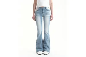 OEM/ODM Women High Waist Flare Jeans Slim Fit Bell Bottom Denim Pants Vintage Light Blue Whisker Wash Retro Trousers