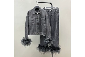 High Quality Long Sleeve Denim Jacket Pants Women Feather Trim Denim Two Piece Sets