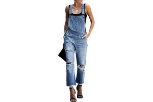 2025 Women's Casual Blue X-Small Denim Bib Overalls & Jumpsuits Adjustable Size with Distressed Jeans Pants