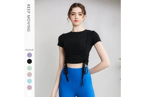 Double Side Drawstring Design Sweat Absorption Quick Dry Fitness T-shirt Women Yoga Crop Top