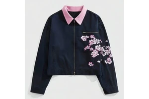 Floral Denim Jacket Navy Blue Pink Contrast Collar Cherry Blossom Print Zip-Up Casual Breathable Spring Streetwear Denim Jacket