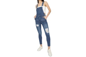 Women's High Waist Denim Dungarees Skinny Fit Distressed Bib Overalls Ripped Ankle Length Casual Jumpsuit for Spring