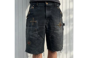 Men's Mid Waist Urban Grunge Vintage Washed Denim Shorts Streetwear HipHop Casual Solid Hot Jorts Cross Star Patches Metal Studs