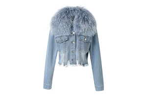 New Coming Women Big Mongolian Fur Collar Denim Jacket Crop Spring Autumn Jackets