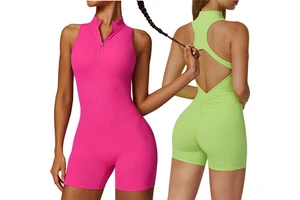 Half Zip One Piece Workout Jumpsuit Women Activewear Scrunch Butt Women's Gym Short Jumpsuit Tummy Control Sports Jumpsuits