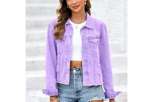 Women's Purple Denim Jacket Button Front Distressed Cotton Casual Fit Spring Wear Women's Denim Jackets & Coats