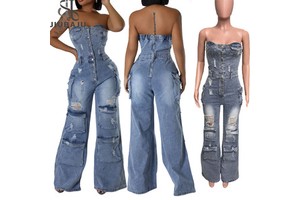 Women Fashion Overall Street Style Stretchy Blue Denim Strapless 2024 Loose Ripped One Piece Jean Cargo Jumpsuit