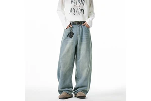 Men's Loose Fit Washed Denim Jeans for Spring Summer New Side Split Design American Retro Carrot Pants Casual Long Pants Style