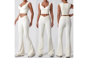 Custom Women Ruched V Cross Waist Flare Yoga Pants Set Deep V Crop Top 2 Piece Workout Activewear Gym Fitness Clothes