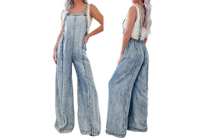 Women's Acid Wash Denim Overalls Wide Leg Jumpsuit Front Raw Seam Detail Sleeveless Retro Jean Dungarees Y2K Boho Streetwear