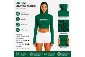 Custom Women's Cropped Hoodie UPF50+ UV Protection Quick Dry Breathable Long Sleeve Gym Yoga Running Fitness Surfing Crop Top