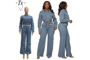 Women's Elegant Denim Two-Piece Set Long Sleeve Buttons Drawstring Jackets Crop Top Slit Wide Leg Pants Casual Summer Jeans