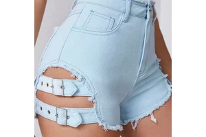 Women's Light Blue High Waisted Denim Shorts with Cutout Straps and Frayed Edges for Edgy Streetwear