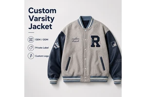 ODM Letterman Jacket Ladies Grey Blue Collegiate Apparel Heavyweight Patterned Wool Body Leather Sleeves Varsity Jacket