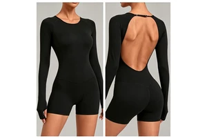 Women's Backless Sports Jumpsuit Adjustable Round Neck Removable Bra Pads Butt Lifting Design Yoga Running Gym Workouts Fitness