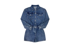 BlueDot Custom Women's Vintage Washed Blue Denim Jumpsuit Short Overalls OEM/ODM Nonelastic Manufactured in Guangzhou