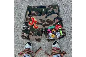 Custom All-Over Printed Camouflage Embroidery Ripped Distressed Men's Cargo Camo Jorts Jeans Denim Shorts Casual Style