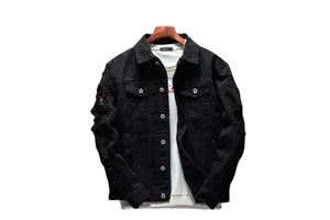 Men's XL Size Cotton Denim Jacket Ripped Holes Buttons Front Eco-Friendly Hip Hop Pockets Casual Autumn Streetwear Dyed Style