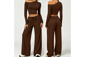 Women's One-Shoulder Sports Yoga Long-Sleeved High-Waisted Casual Wide-Leg Pants Fitness Yoga Suit
