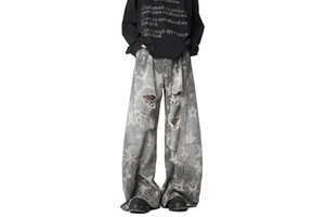 Custom Ripped Distressed Denim Hip Hop Mid Waist Jeans Men's Spring High Street Design Machete Loose Wide Leg Long Pants