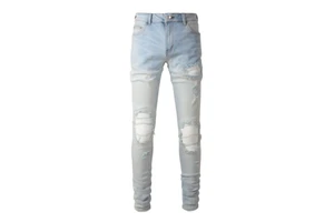High Street Stacked Men's Slim Fit Jeans Plus Size Damaged Distressed Denim Trousers Patched Scratch Blue for Hip Hop Winter