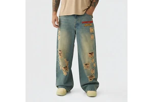 OEM Manufacturer Custom Vintage Wash Stacked Straight Breathable Light Distressed Streetwear Hip Hop Denim Jeans Men's