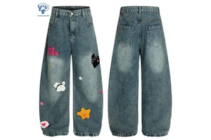 YUANBOFEI High Quality Men's Jeans Baggy Jeans PantsDistressed Washed Heavy Dirty Wash Baggy Wide Leg Curved Denim Trousers