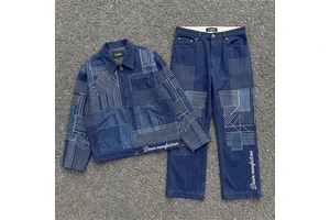 Men's Denim Suit Designer Sashiko Patchwork Jacket and Pants Set Men High Quality Deconstructed Streetwear Custom Manufacturer