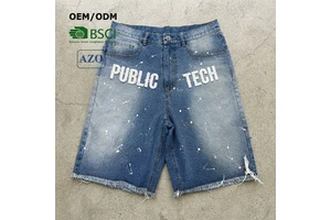 Custom Vintage Stone Wash Chenille Embroidery Denim Shorts Hip Hop Custom Buttons Distressed Paint Splatter Men's Shorts Jeans
