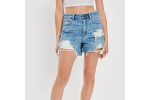 Women's High Waist Distressed Denim Shorts Floral Pattern Ripped Hem Casual Style Button Fly Closure