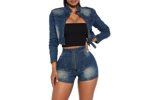 Denim Women Set Long Sleeve Crop Jean Jacket Shorts Jeans Suit Street Cargo Tracksuit Two Piece Set Fitness Outfits
