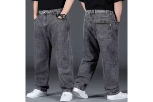Men's Autumn Plus Size Large Cotton Korean-Style Loose Straight Tube Wide Leg Jeans Multi-pocket Stonewashed Thin Section Elbow