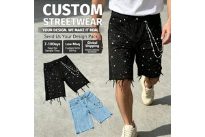 OEM Streetwear Custom High Quality Streetwear Men's Hip Hop Crystal Gemstone Rhinestone Jorts Vintage Denim Shorts for Men