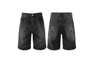 Wholesale Fashion Pants Baggy Vintage Washed Rhinestone Denim Shorts for Men Short Jeans