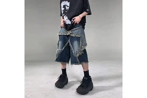 Summer Men's Retro American Denim Shorts Trendy Brand Five-Point Pants Loose Niche Crystal Decoration Blue Woven Mid Straight