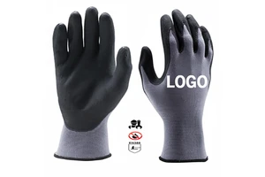 Custom logo Black Grip Work Gloves Micro Foam Nitrile Palm Coated 15 Gauge Nylon Gray Safety Gloves Mechanic Waterproof