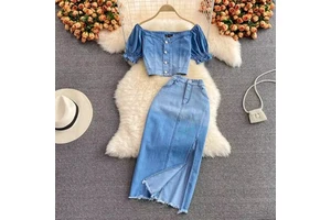 Denim Set Denim Jacket + High-Waist Split Mid-Length Sheath Skirt Women's Summer Two-Piece Outifits