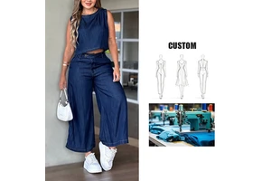 One Set Casual Solid Street Style Women's Tailored Sleeveless Jean Shirt and Matching Wide-Leg Pants in Dark Indigo Wash