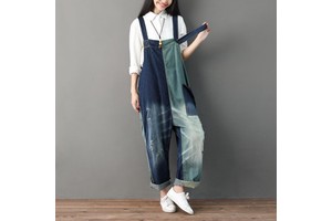 Boutique 2025 Spring New Denim Color Patchwork Hole Oversized Shoulder Strap Pants for Women's Jumpsuit