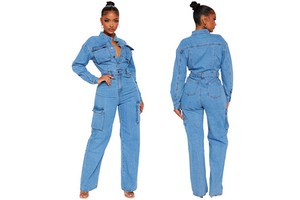 New Spring Blue Fashion Denim Jumpsuit Women's Button Long Sleeve Straight Pants Multi-Pocket Suit Women's Denim Crane Pants