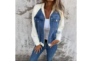 Autumn Winter Patchwork Turn Down Collar Women's Coat Spliced Denim Jacket for Women