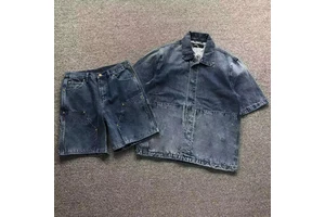 L Early Spring New Style Printing and Embossing Heavy Industry Denim Workwear Denim Shirt Denim Shorts Men's and Women's Suit