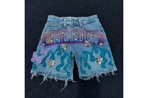 Custom High Quality Casual Denim Shorts Fashion Rhinestone logo Decorated Oversized Men's Shorts