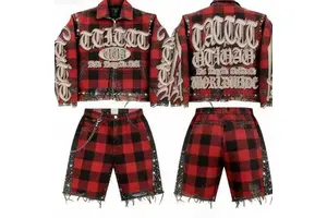 OEM Streetwear Acid Wash Cargo Men's Loose Vintage Rhinestone Denim Set - High Quality Comfortable Design Outfit