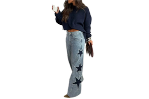 Embroidered Floral Wide Leg Jeans Women Elegant Patchwork Denim Pants Custom Wholesale Vintage Boho
